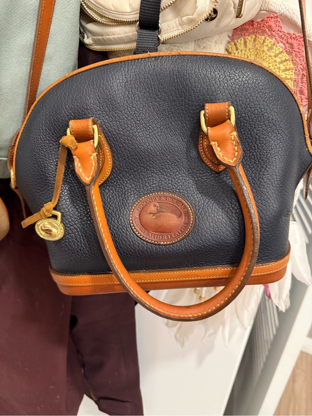 Dooney & Bourke Navy Pebbled Leather Satchel with Tan Trim